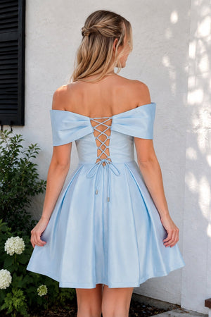 Blue - Off The Shoulder A Line Satin Short Homecoming Dress With Bow - SHEISME