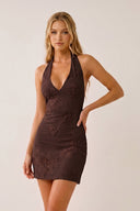 Brown Halter Sheath Embroidered Tulle Homecoming Dress | SHEISME