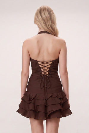 Brown Organza Halter A-Line Pleated Ruffled Homecoming Dress (2) | SHEISME