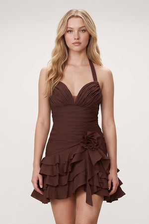 Brown Organza Halter A-Line Pleated Ruffled Homecoming Dress | SHEISME