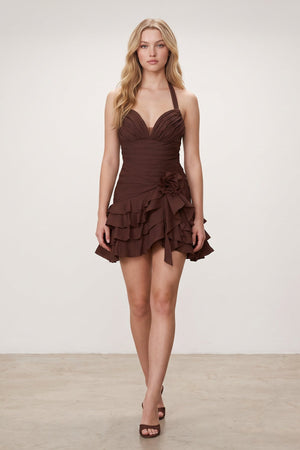 Brown Organza Halter A-Line Pleated Ruffled Homecoming Dress (3) | SHEISME