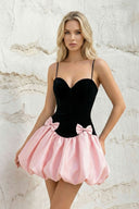 Bubble Hem Mini Dress With Bows in Black and Pink - SHE IS ME
