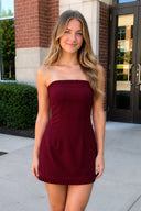 Burgundy A-Line Strapless Ruffles Mini Homecoming Dresses | SHEISME