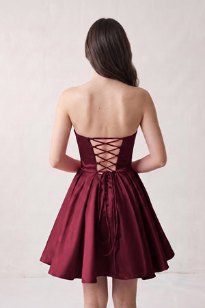 Burgundy A Line Strapless Satin Homecoming Dress (2) | SHEISME