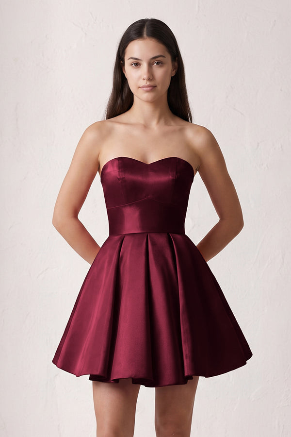 Burgundy A Line Strapless Satin Homecoming Dress | SHEISME