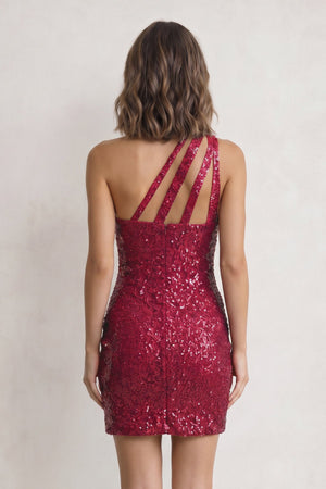 Burgundy Sheath One Shoulder Sequins Mini Party Dresses - SHEISME