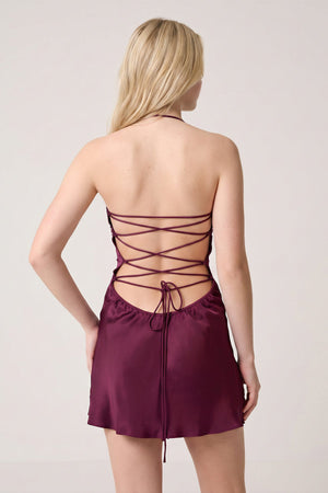Burgundy Halter Satin Sheath Sequined Mini Homecoming Dress | SHEISME