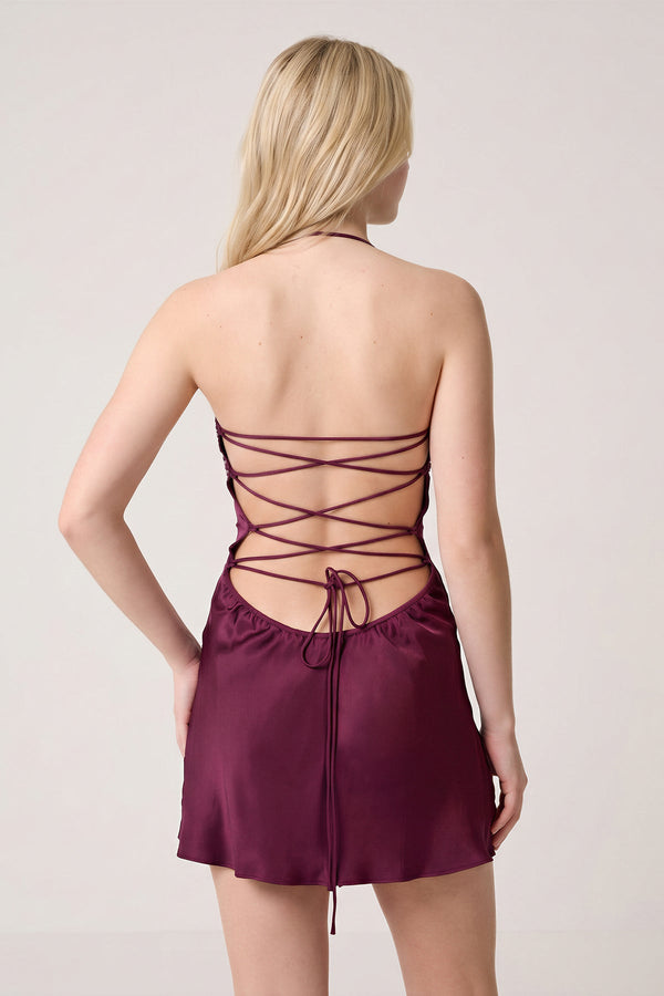 Burgundy Halter Satin Sheath Sequined Mini Homecoming Dress | SHEISME