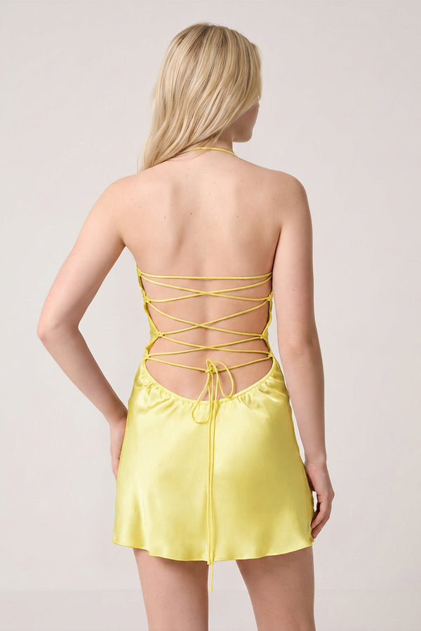 Lemon Halter Satin Sheath Sequined Mini Homecoming Dress | SHEISME