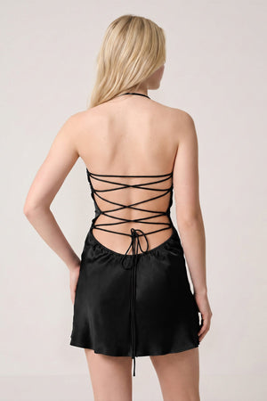 Black Halter Satin Sheath Sequined Mini Homecoming Dress | SHEISME