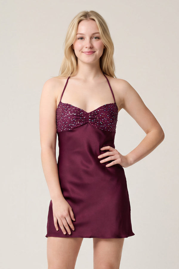 Burgundy Halter Satin Sheath Sequined Mini Homecoming Dress | SHEISME