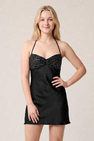 Black Halter Satin Sheath Sequined Mini Homecoming Dress | SHEISME