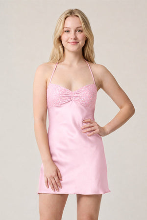 Pink Halter Satin Sheath Sequined Mini Homecoming Dress | SHEISME