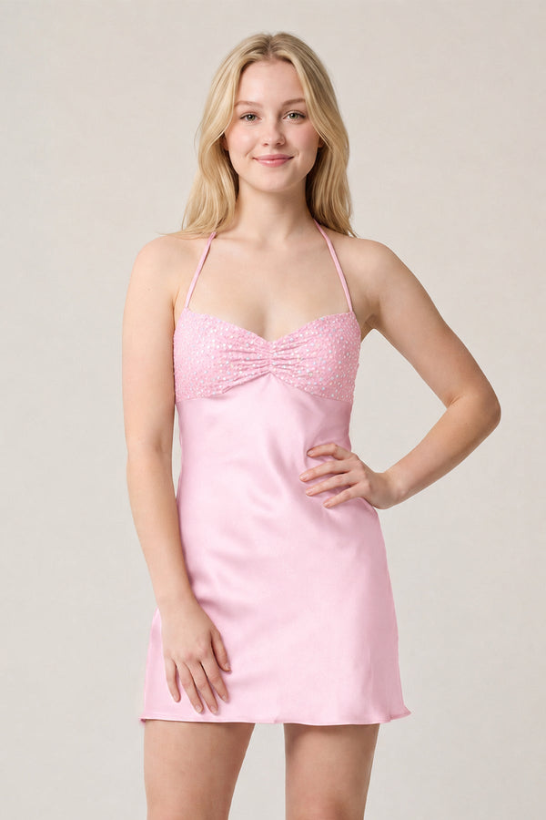 Pink Halter Satin Sheath Sequined Mini Homecoming Dress | SHEISME