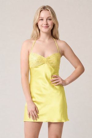 Lemon Halter Satin Sheath Sequined Mini Homecoming Dress | SHEISME