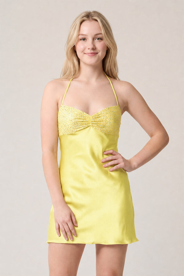 Lemon Halter Satin Sheath Sequined Mini Homecoming Dress | SHEISME