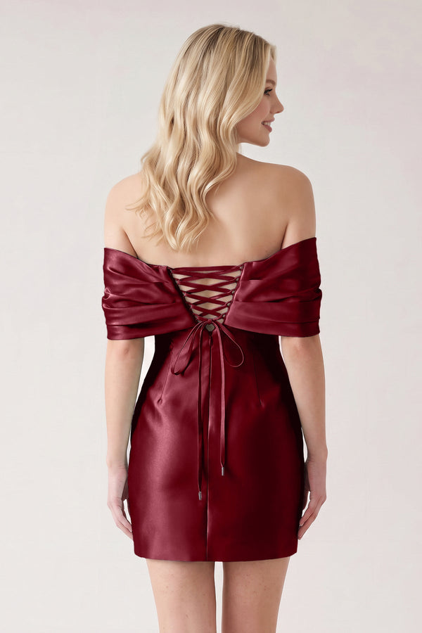 Burgundy Off The Shoulder Satin Bodycon Short Homecoming Dress With Beading (2) | SHEISME