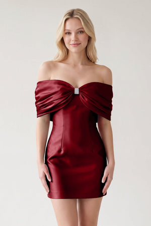Burgundy Off The Shoulder Satin Bodycon Short Homecoming Dress With Beading | SHEISME