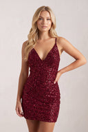 Burgundy Sequin Spaghetti Strap V Neck Backless Mini Party Dresses | SHEISME