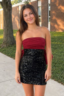 Burgundy Sheath Strapless Sequined Bow Mini Party Dresses | SHEISME