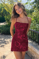Burgundy Spaghetti Straps Sequin Embroidery Sheath Homecoming Dress | SHEISME