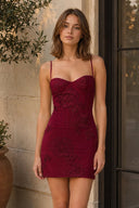 Burgundy Spaghetti Straps Sheath Homecoming Dress With Floral Embroidery - SHEISME