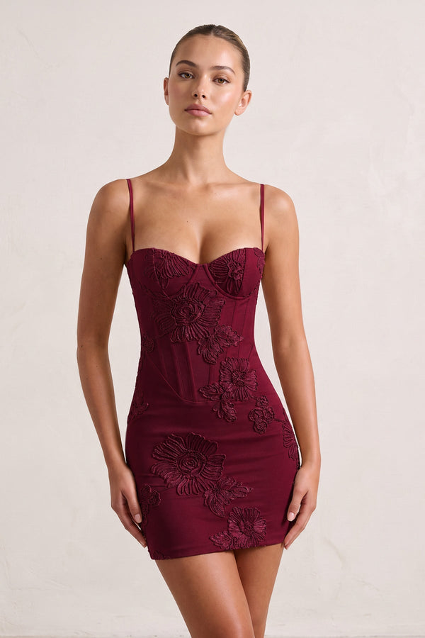 Burgundy Spaghetti Straps Sheath Homecoming Dress With Floral Embroidery | SHEISME
