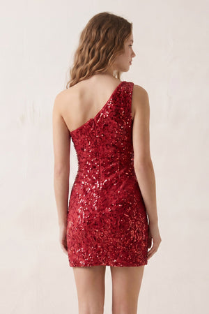 Burgundy Bodycon One Shoulder Sequins Mini Party Dresses - SHEISME