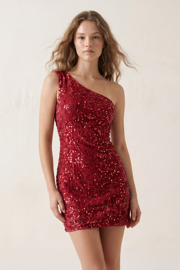 Burgundy Bodycon One Shoulder Sequins Mini Party Dresses - SHEISME
