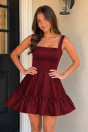 Zinovia Black A Line Satin Square Neck Ruffles Short Homecoming Dresses - SHEISME