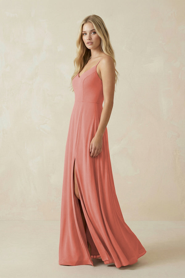 Cami Strap A-Line Chiffon Bridesmaid Dress with Slit in Mulberry - SHE IS ME BRIDESMAID DRESSES