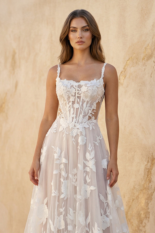 Cami Strap A - Line Corset Lace Wedding Dress in Ivory and Blush - SHE IS ME Wedding Dresses