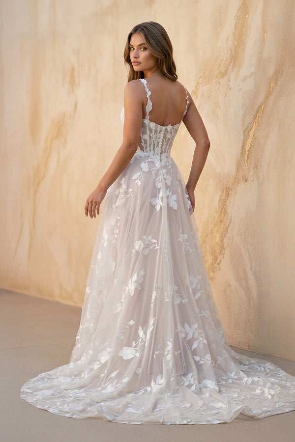 Cami Strap A - Line Corset Lace Wedding Dress in Ivory and Blush - SHE IS ME Wedding Dresses