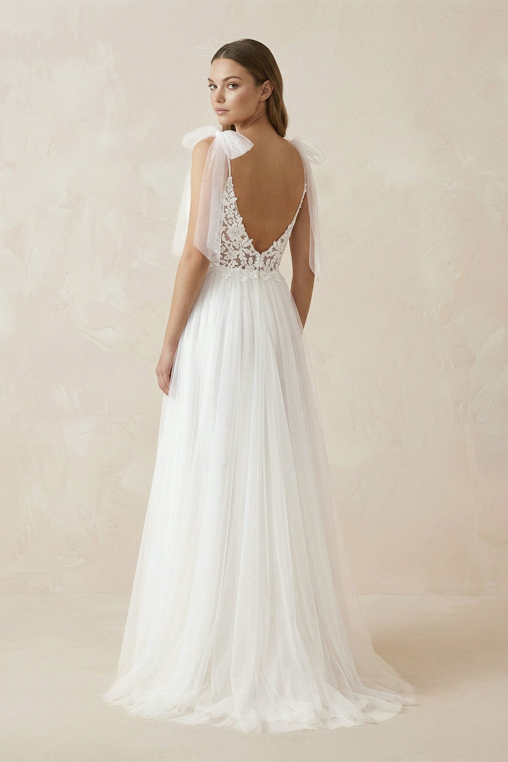 Cami Strap Appliqued Tulle A - Line Wedding Dress With Slit in White - SHE IS ME Wedding Dresses