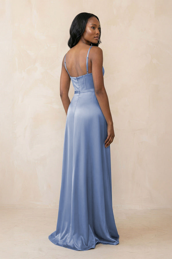 Cami Strap Corset Satin Sheath Bridesmaid Dress in Mist - SHE IS ME Bridesmaid Dresses