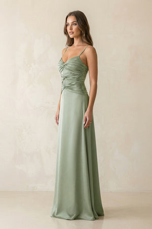 Cami Strap Pleated Sheath Satin Bridesmaid Dress in Dove Gray - SHE IS ME Bridesmaid Dresses