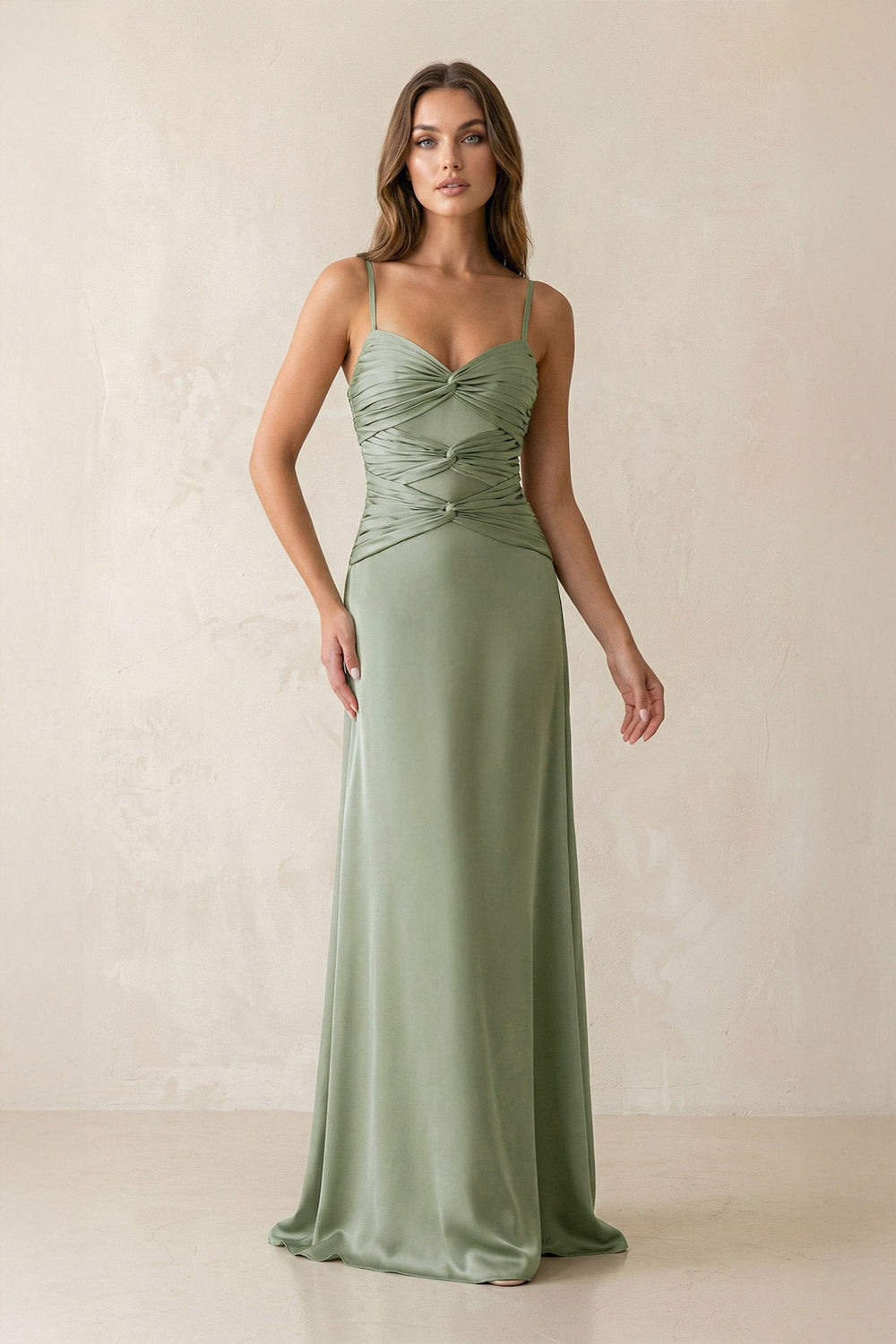 Cami Strap Pleated Sheath Satin Bridesmaid Dress in Dove Gray - SHE IS ME Bridesmaid Dresses