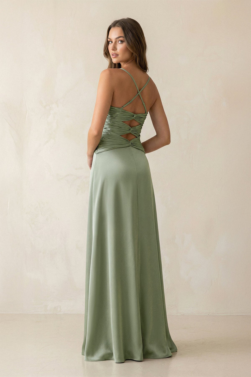 Cami Strap Pleated Sheath Satin Bridesmaid Dress in Dove Gray - SHE IS ME Bridesmaid Dresses