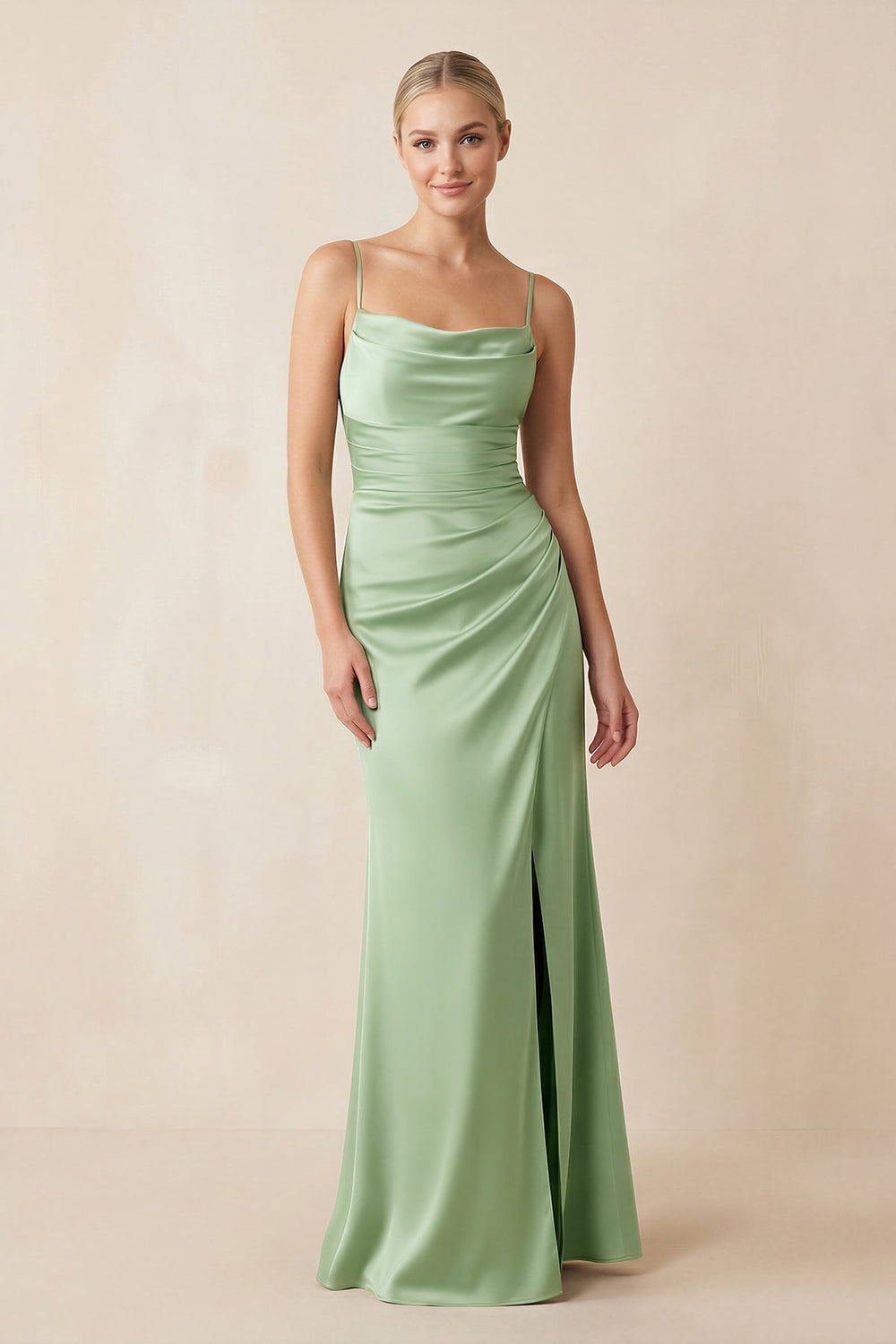 Cami Strap Ruched Satin Sheath Bridesmaid Dress in Sage - SHE IS ME Bridesmaid Dresses