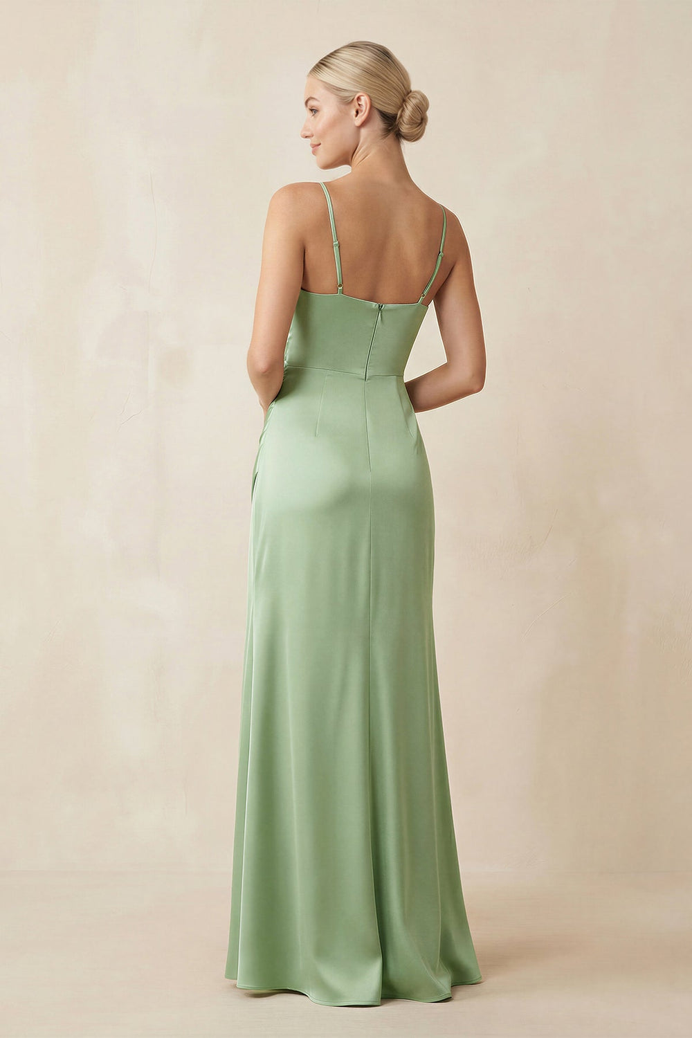 Cami Strap Ruched Satin Sheath Bridesmaid Dress in Sage - SHE IS ME Bridesmaid Dresses