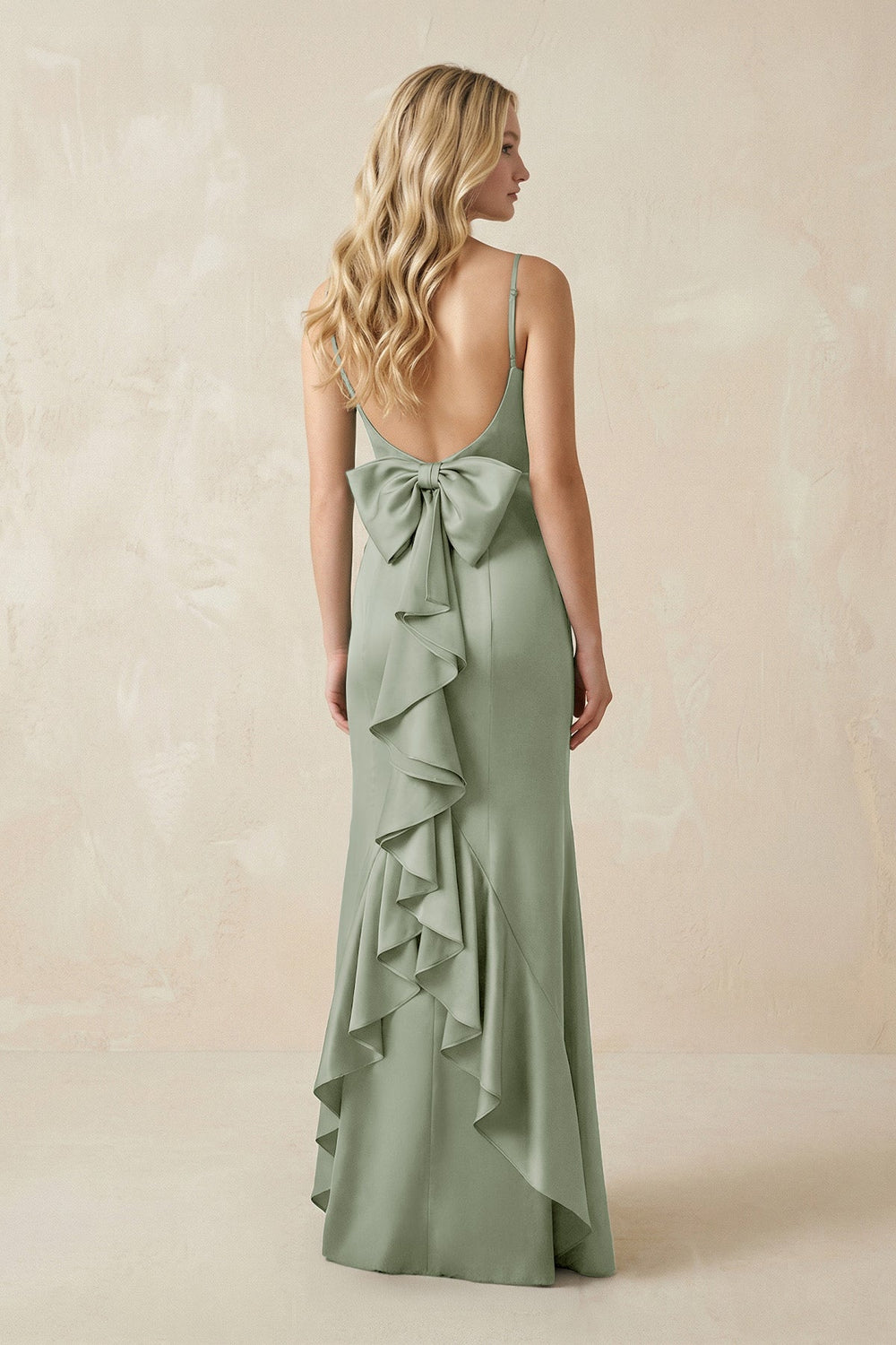 Cami Strap Ruffled Satin Bridesmaid Dress With Bow in Dove Gray - SHE IS ME Bridesmaid Dresses