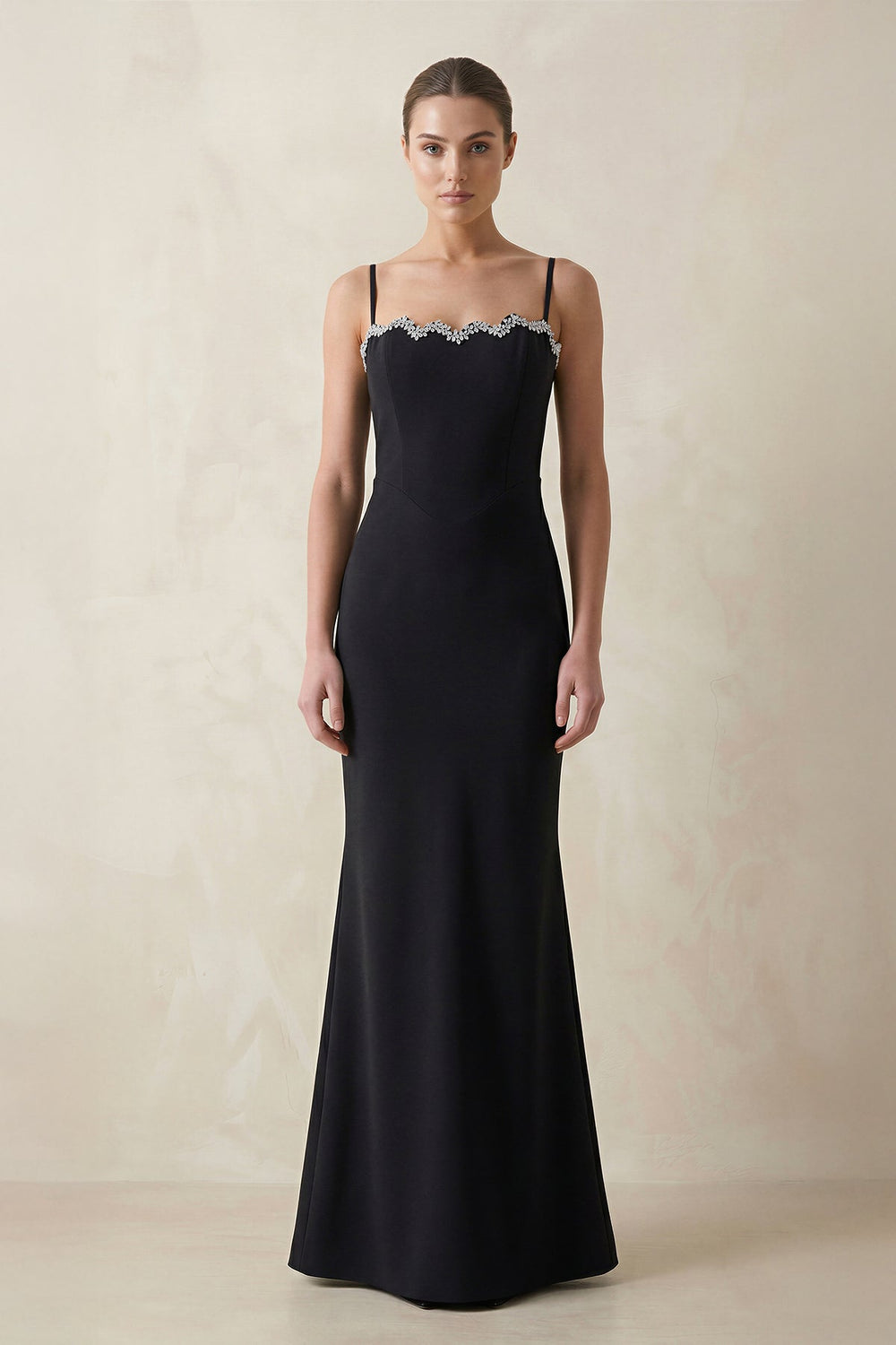 Cami Strap Sheath Beaded Satin Wedding Dress in Black - SHE IS ME Wedding Dresses