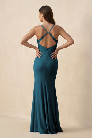 Cami Strap Sheath Chiffon Bridesmaid Dress with Slit in Dark Teal - SHE IS ME Bridesmaid Dresses