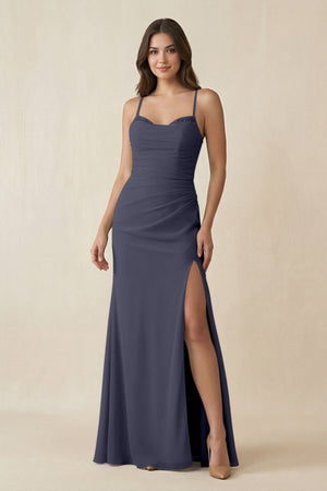 Cami Strap Sheath Chiffon Bridesmaid Dress with Slit in Dusk Blue - SHE IS ME Bridesmaid Dresses