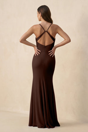 Cami Strap Sheath Chiffon Bridesmaid Dress with Slit in Espresso - SHE IS ME Bridesmaid Dresses