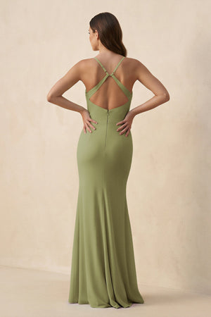 Cami Strap Sheath Chiffon Bridesmaid Dress with Slit in Moss Green - SHE IS ME Bridesmaid Dresses