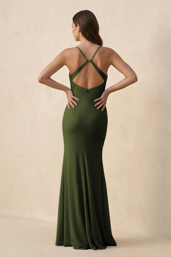 Cami Strap Sheath Chiffon Bridesmaid Dress with Slit in Olive - SHE IS ME Bridesmaid Dresses