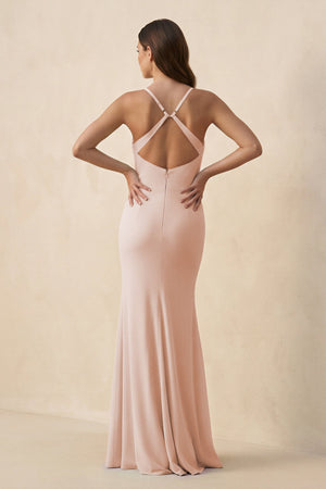 Cami Strap Sheath Chiffon Bridesmaid Dress with Slit in Pale Blush - SHE IS ME Bridesmaid Dresses