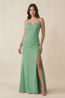 Cami Strap Sheath Chiffon Bridesmaid Dress with Slit in Sea Glass - SHE IS ME Bridesmaid Dresses
