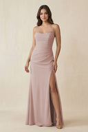 Cami Strap Sheath Chiffon Bridesmaid Dress with Slit in Toffee - SHE IS ME Bridesmaid Dresses